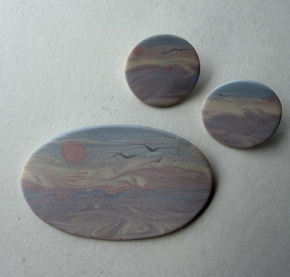 Vintage Hand Made Porcelain Oval Sunrise Brooch & Earrings Set