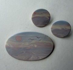 Vintage Hand Made Porcelain Oval Sunrise Brooch & Earrings Set