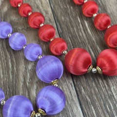 Set of 2 Silk Satin Thread Covered Round Beaded 25” Retro Necklace Red Lavender