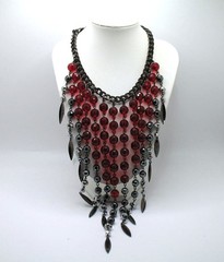 Vintage RJ Graziano red bead and gunmetal statement runway fringe necklace