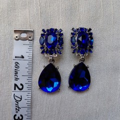 Vintage Style Cobalt Blue Teardrop Dangle Clip-On Earrings Statement Retro
