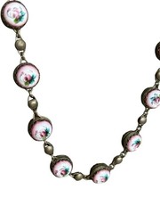 Vtg Hand Painted Enamel Rostov Finift USSR necklace flowers Oxidized Station 21″