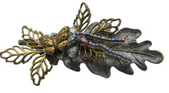 VTG UNUSUAL BUTTERFLY LEAF purple blue BEAD Brooch Pin black silver gold tone
