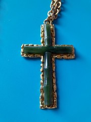 Vintage Signed SWOBODA Likely Jade Cross Pendant Chain Necklace Large 2.5in