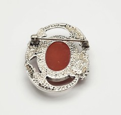 Jezlaine Vintage Sterling Silver Red/White Lucite Floral Frame Cameo Brooch Pin