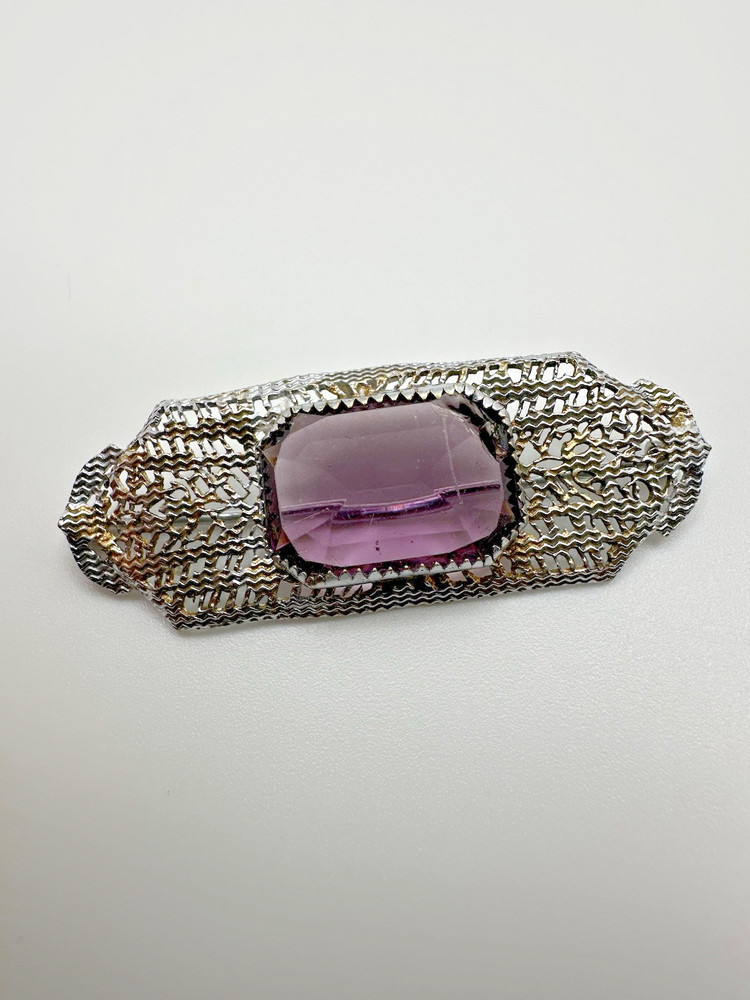 Antique Rough Shape Purple Stone Ornate Brooch 5cm JB23