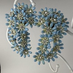 MCM Plastic Earrings Climbers Half Moon Clip On Blue Floral Rhinestone 3” Vtg