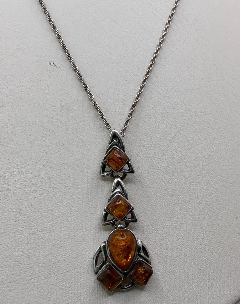 Vintage Baltic Amber Sterling Silver Antique Pendant 16 inch Necklace