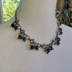 Vintage Blueberry Tutti Fruitti Cabochon & Clear Rhinetone Necklace Silver Toned