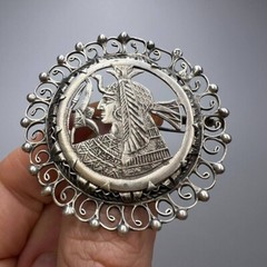 Vintage Egyptian Pharaoh Carved 800 Silver Pin Brooch Pendant Women’s Jewelry