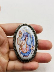 Vintage Silver Tone Russian Finift Hand Painted Porcelain The Snow Maiden Brooch
