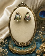 Vintage Guilloche Peacock Iridescent Tulip Clip On Earrings Oil Slick Gold Tone