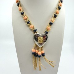 Boho Heart Bolo Necklace Gold Tone Woven Cord Peach Black Beads