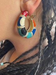Chunky Multi Color Enamel Hoop Earrings Rhinestone Crystal Gold Tone