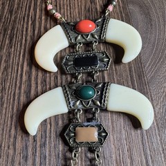 Antique Gold BOHO Tribal Totem Faux Bone TasselS Necklace