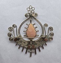 Vintage Artisan Metal Filigree Brooch w/ Rose Quartz Stone Tribal Boho