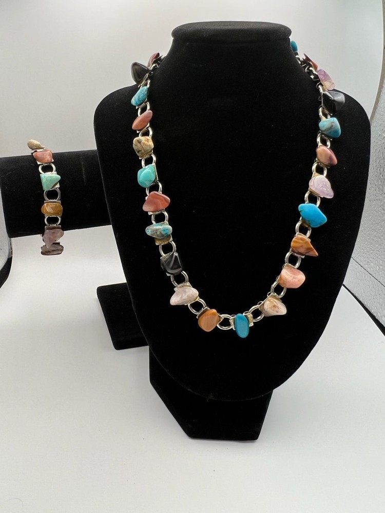 Vintage Southwestern Style Multi-Stone Chip Link Necklace and Bracelet Set