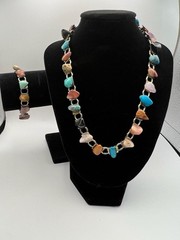 Vintage Southwestern Style Multi-Stone Chip Link Necklace and Bracelet Set