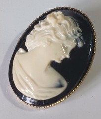 Vintage Glossy Black & White Cameo Portrait Brooch w Gold-tone Frame & C-clasp
