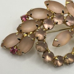 Vintage Pink Frosted Glass Rhinestone Brooch Pin Possible Unsigned D&E Juliana