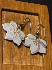 Laurel Burch Pear Blossom Dangle Earrings Cream Purple Enamel