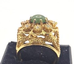 Vintage 18K HGE Green Cabochon Rhinestone Cocktail Ring Size 8 Regency Glam Chic