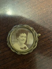 Antique Miniature Mourning Roped Gold-tone Brooch C Clasp Pin Faded Photo Woman