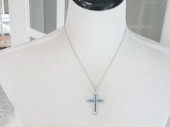 Vintage Sterling Silver 925 Heated London Blue Topaz Cross Pendant Necklace