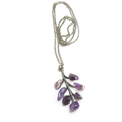 Natural Amethyst Stone Necklace Silver Tone Leaf Branch Pendant 26 In