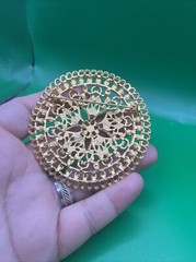 Vintage 1960’s Round Reticulated Domed Russian Gold Tone Runway Statement Pin 3″