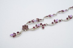 Vintage Necklace Silver Tone Purple Rhinestone Flower Ivy 15″