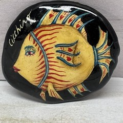 Signed Maria Cicchino 1990 Vintage 2 Pc Lot Fish & Face Painted Ceramic Brooches