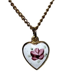 Gold Tone Chain Necklace with Rose Heart Pendant Vtg J-4I