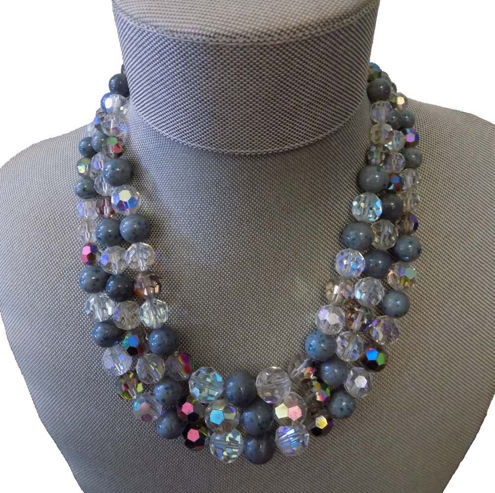 Vtg 1960 Christian Dior Signed 3 Strand Gray Art Glass AB Crystal Bead Necklace