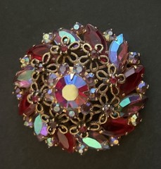 Juliana 1950s Red Rhinestone Marquise Cut Brooch with Faux Iridescent Stones