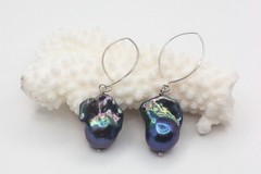 Black Baroque Pearl Earrings, Iridescent Peacock Color, Sterling Silver