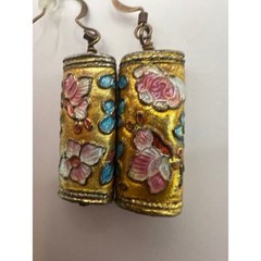 Vintage Cloisonne Style Floral Barrel Dangle Earrings Gold Tone Boho Chic
