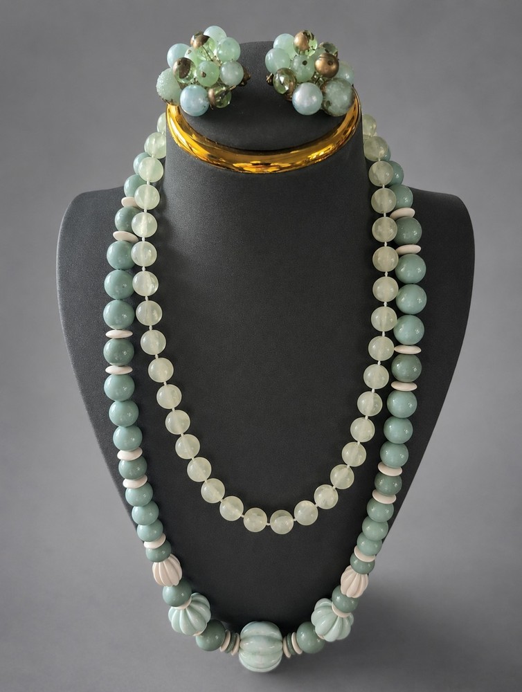 Vintage Seafoam Green Beaded Necklace Lot & Cluster Earrings 3-Piece Jewelry Set
