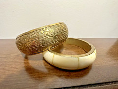 Vintage 1″ Brass Engraved Bangle & 1/2″ Bone And Brass Bangle Boho Chic Bracelet