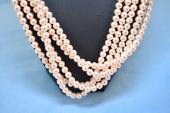 Vintage signed Marvella faux pink pearl 5 strand necklace 23″ & match earrings
