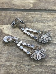 Vtg 1960s Watermelon Glass Rivoli & AB Rhinestone Clip On Dangle Earrings 2”