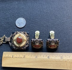 Vtg PATRICE Brass Carnelian Onyx Double Strand Bead Pendant Necklace Earring Set