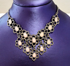 Gold Flower Faceted Light Pink Teardrop Accent Statement Bib Necklace