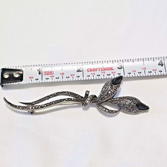 Silver Tone Brooch Onyx Color Stones 3.5 Inches 2 Twist Flower Buds Art Nouveau