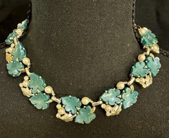 Vintage Thermoset Leaves Faux Pearls Rhinestone Necklace