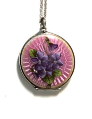 LOVELY Antique STERLING ENAMEL GUILLOCHE PINK LOCKET w VIOLETS Necklace M*I*N*T