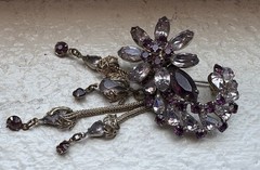 Vintage Estate Flower Brooch Rhinestones Amethyst & Clear Dangle Prong Set