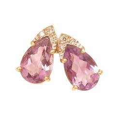 Vintage Pear Shaped Purple Amethyst Diamond 14K Solid Yellow Gold Stud Earrings