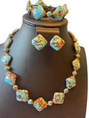 VTG Made In Italy Venetian Glass Turquoise Blue Aventurine 3-Piece Jewelry Set –