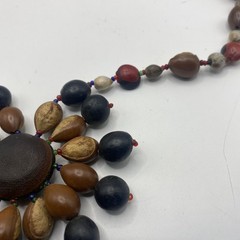 Vintage Handmade Wood Seed Beaded Flower Statement Necklace Buckeye Acorn 26in